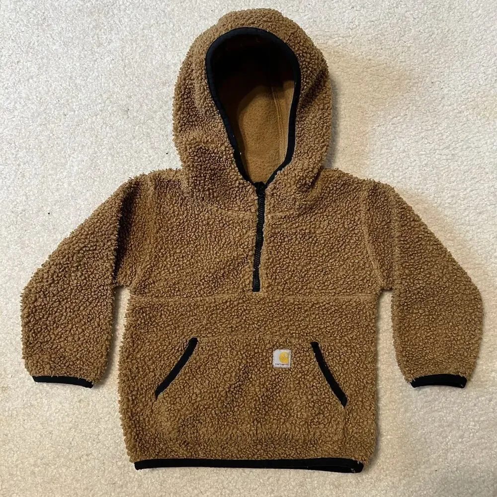 Carhartt 2T Brown Sherpa Fleece Hoodie Quarter Zip Pullover Toddler Kangaroo Kid